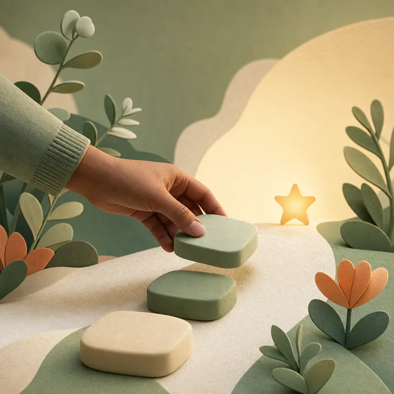 A hand gently placing stepping stones on a calm path