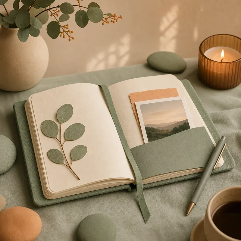 An open journal with a polaroid and a sprig of eucalyptus
