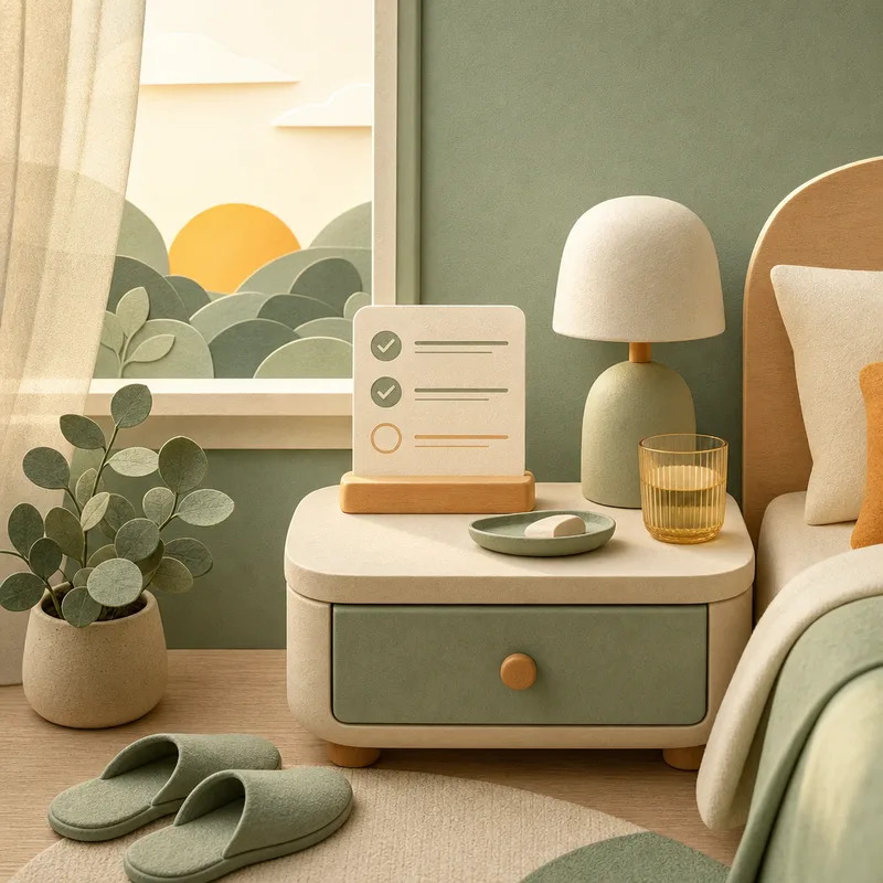 A quiet bedside table with a checklist in morning light