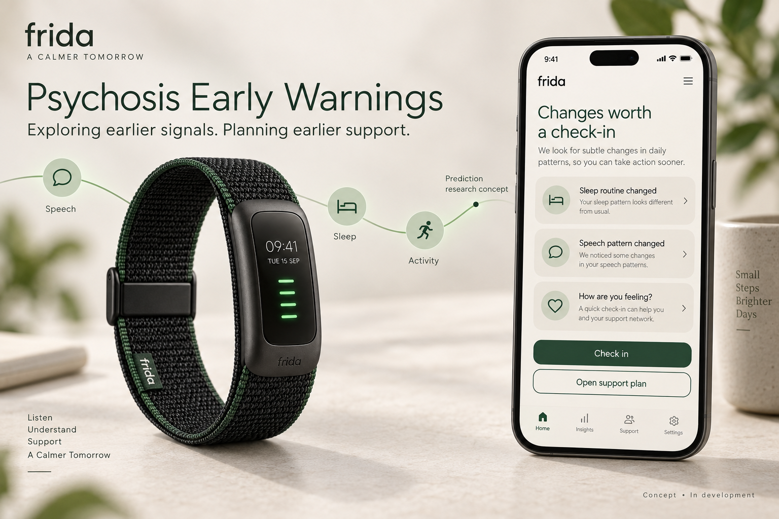 Approved Frida early-warning concept, showing the Band and a proposed app check-in about changes in sleep and speech.