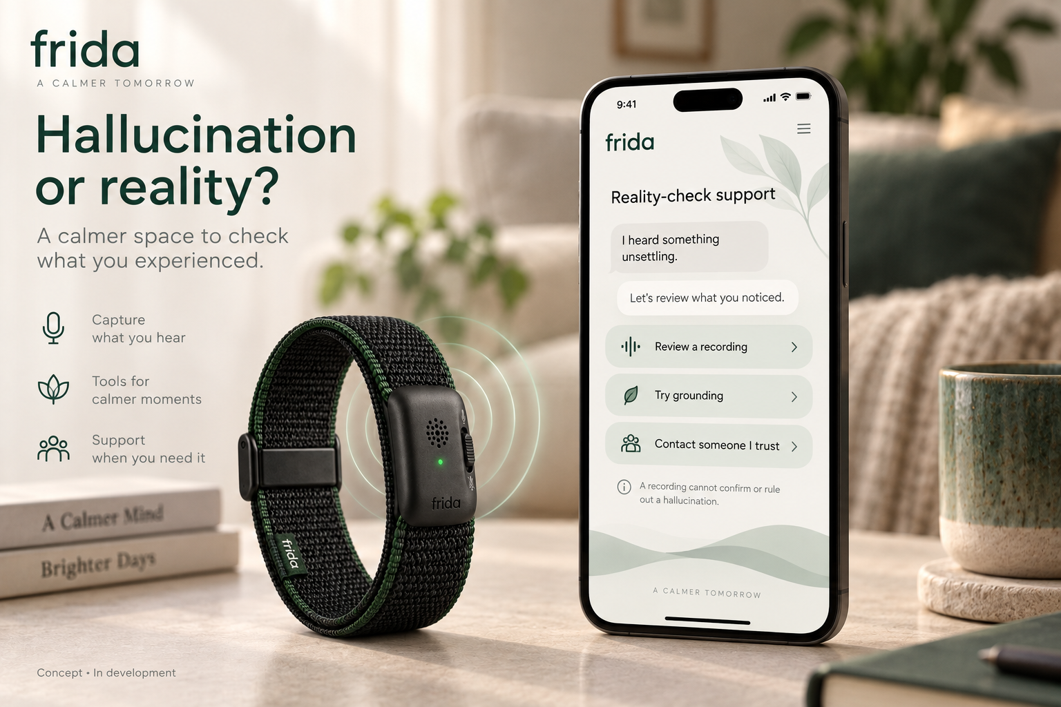 Approved Frida Voice reality-check concept with options to review a recording, try grounding or contact a trusted person.